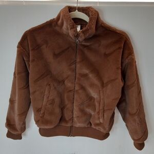 Nike Swoosh Brown Sportswear Faux Fur Plush Trend Jacket